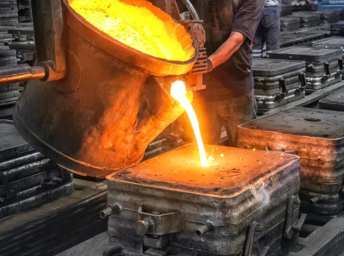 Molten metal pouring from a ladle into a sand mold on a foundry floor